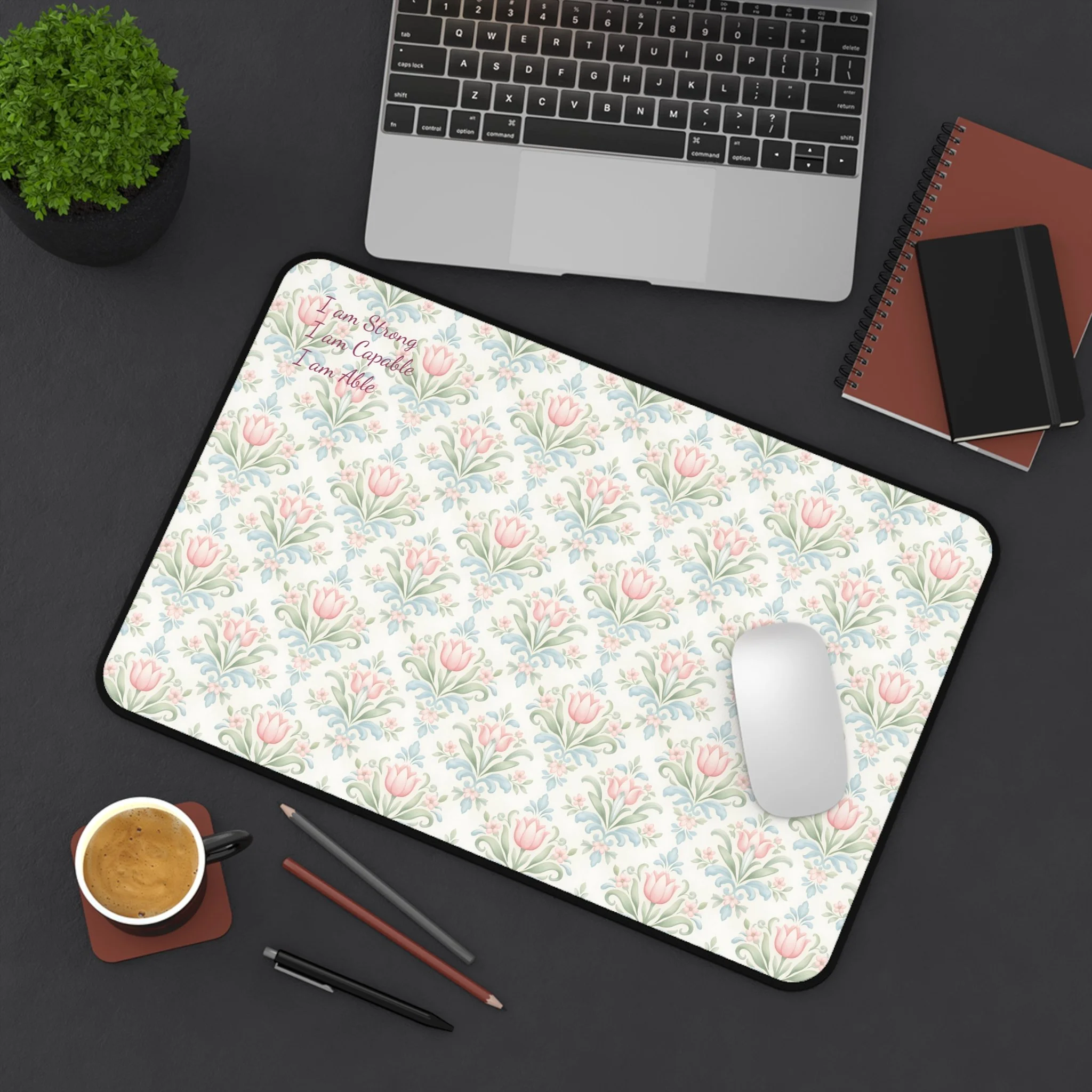 Vintage Floral Pattern Desk Mat | Pink Tulip Damask Mouse Pad