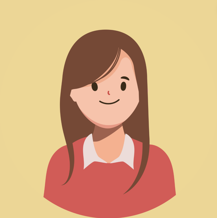 Illustration of a woman with long brown hair, wearing a red sweater and white collared shirt, smiling against a light yellow background.