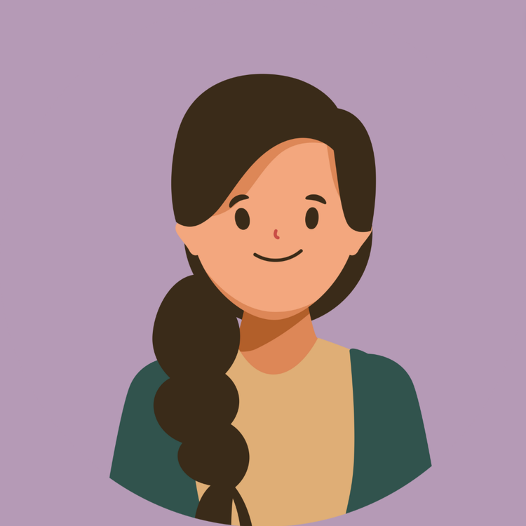 Cartoon illustration of a woman with long brown hair in a braid, smiling, wearing a beige top and green cardigan, against a light purple background.