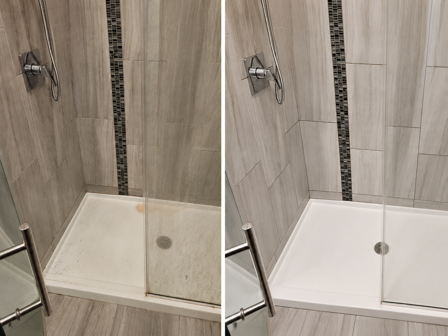 Comparison of a shower stall before and after cleaning. The left side shows a shower with stained floor and walls, while the right side shows a clean shower with spotless floor and walls.