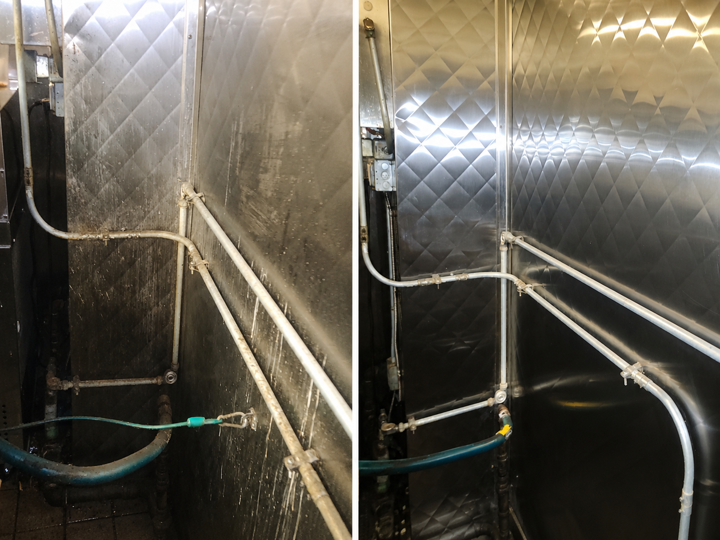 Side-by-side comparison of a dirty, grimy industrial wall and pipes on the left, and a clean, shiny metal wall and pipes on the right in an industrial setting.