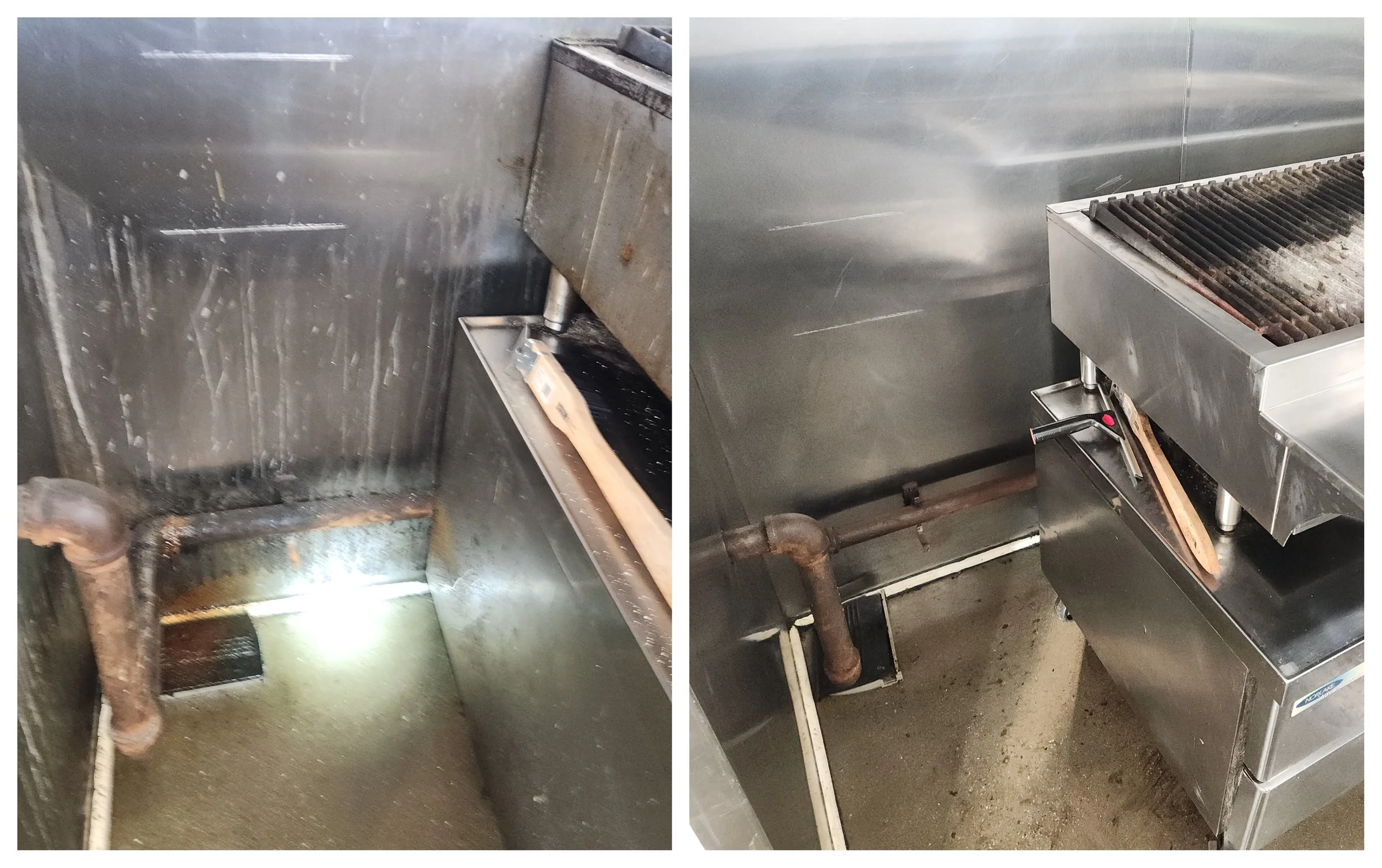 Side-by-side images showing a commercial grill in a kitchen; the left image features a rusty, unclean grill with debris, while the right image shows a clean, stainless steel Grill with no visible residue.