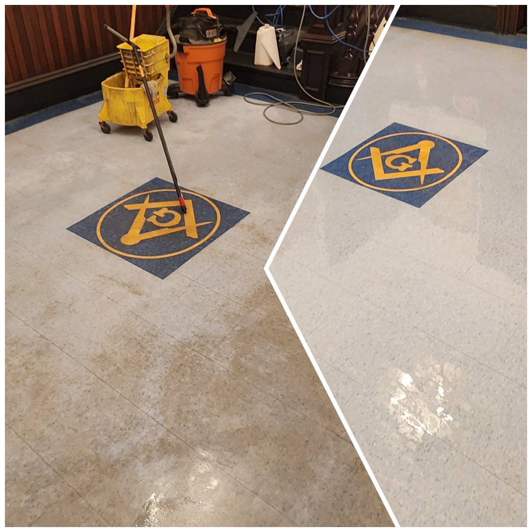 Comparison of dirty and cleaned hospital floor with a wheelchair symbol in a yellow and blue square sign, showing before and after cleaning.