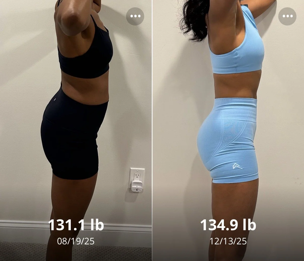 Side-by-side comparison of a woman showing her weight loss progress; on the left, her weight is 131.1 pounds, taken on August 19, 2025, dressed in black workout clothes; on the right, her weight is 134.9 pounds, taken on December 13, 2025, dressed in light blue workout clothes.