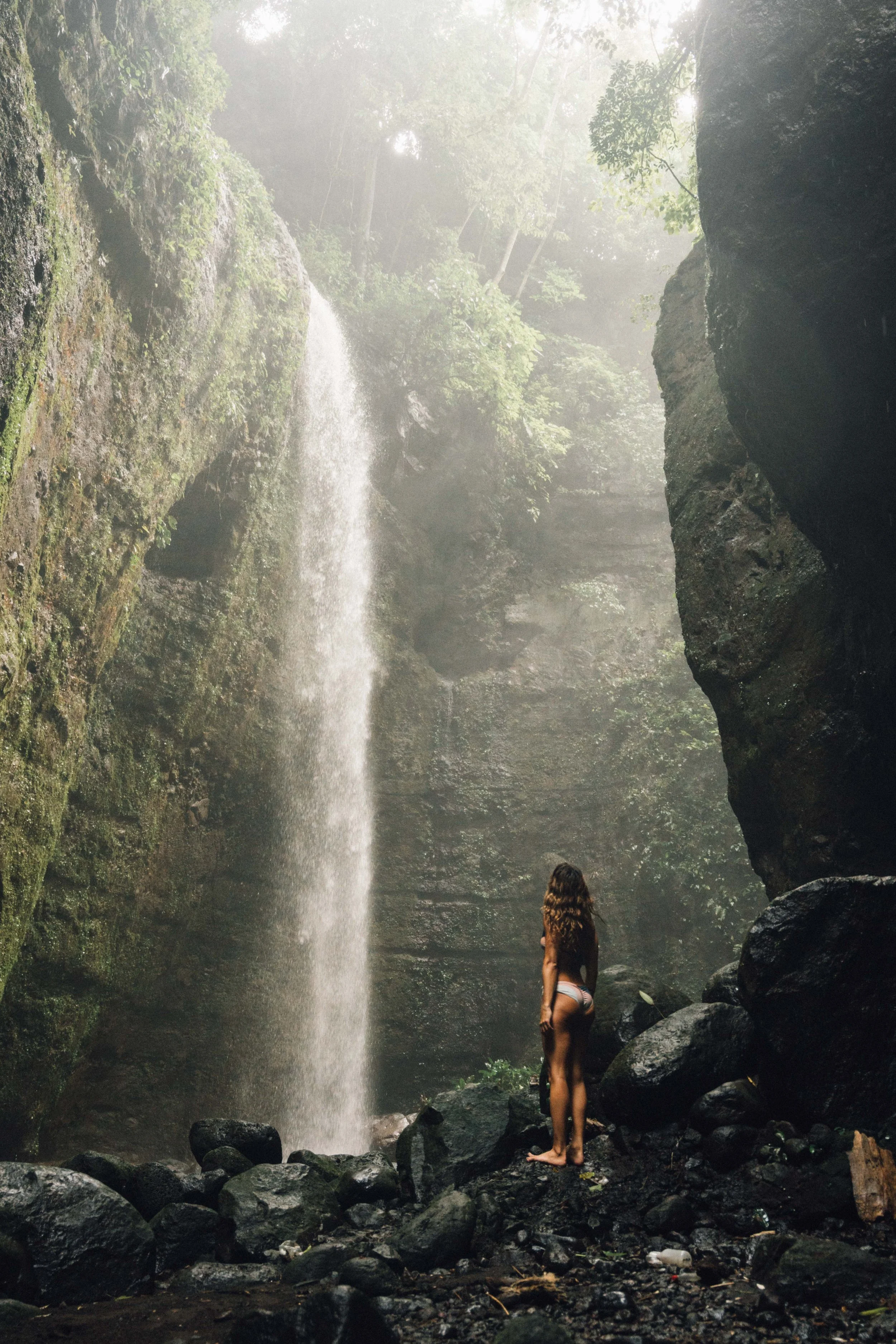 A person with long hair and bikini bottom standing on rocks in front of a waterfall in a lush forest.