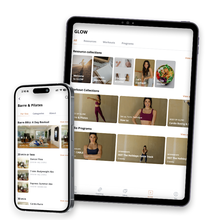 Digital fitness app interface on a tablet and smartphone screens, featuring workout resources, collections, and classes for fitness and wellness.
