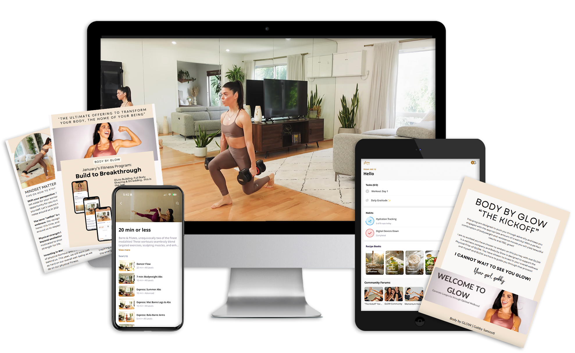 A woman doing a workout with dumbbells in a living room, surrounded by digital devices showing fitness programs and schedules.