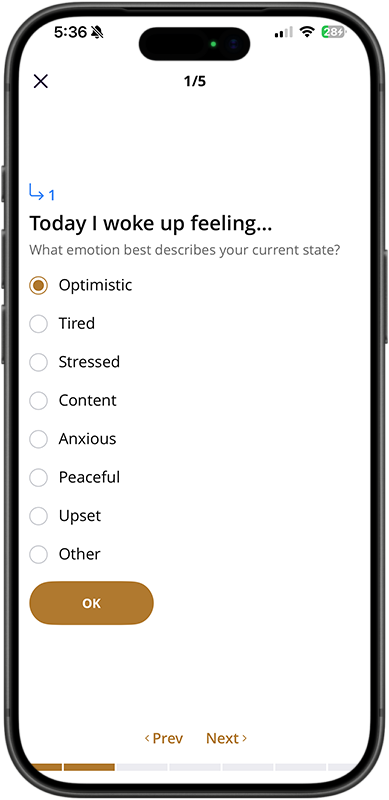 Mobile phone screen showing a mood tracking app with a question: 'Today I woke up feeling...' and the option 'Optimistic' selected. Other options include Tired, Stressed, Content, Anxious, Peaceful, Upset, and Other. There are navigation buttons labeled 'Prev' and 'Next' at the bottom.