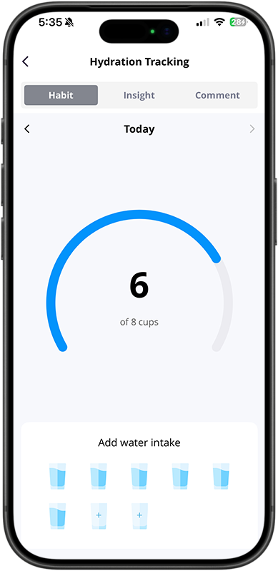 Smartphone displaying hydration tracking app showing 6 out of 8 cups of water consumed today, with options to add more water intake.