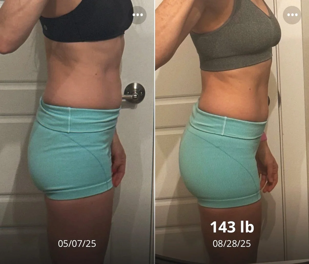 Comparison of a woman's physical transformation over three months; left side shows her before, wearing black top and blue shorts, with the date 05/07/25; right side shows her after, wearing gray sports bra and similar shorts, with the date 08/28/25 and weight 143 lbs.