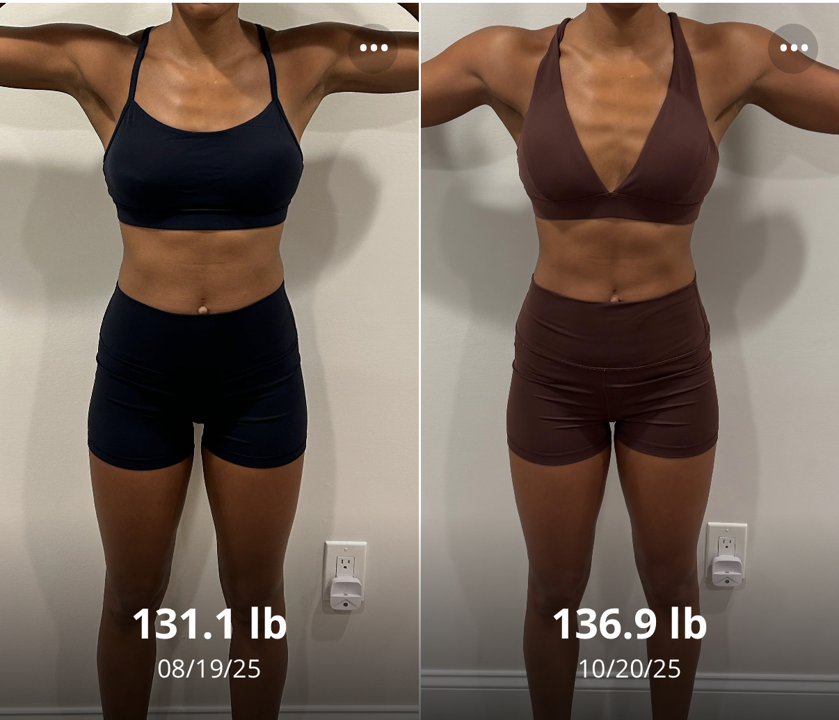 Comparison of a woman in workout clothes showing change in body weight over two months, with the left image dated August 19, 2025, weighing 131.1 pounds, and the right image dated October 20, 2025, weighing 136.9 pounds.