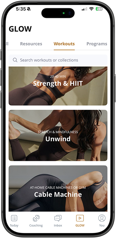Mobile phone screen showing a fitness app called GLOW with workout options including Strength & HIIT, Unwind, and Cable Machine. The screen displays workout durations, categories, and a search bar.