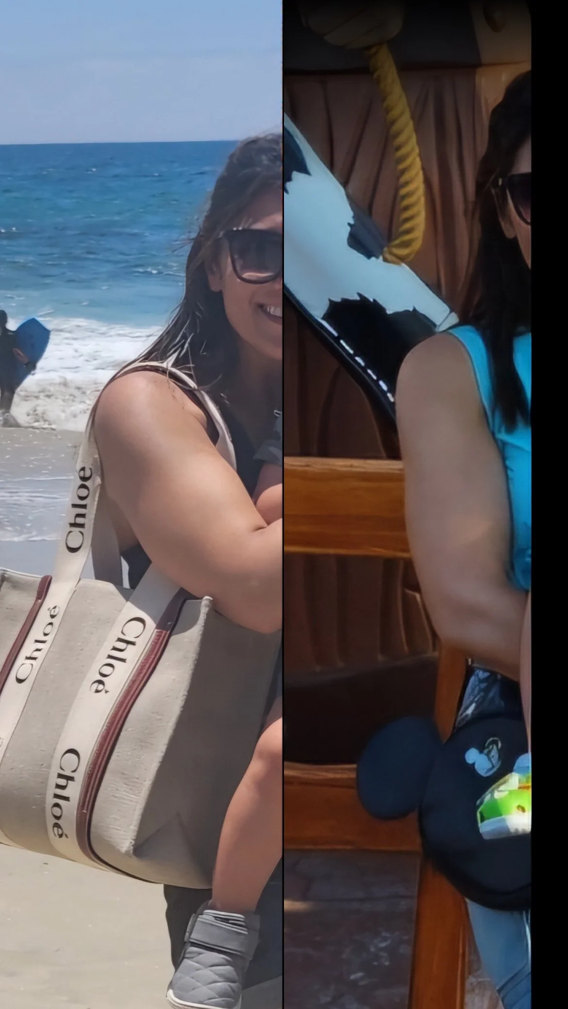 A split image showing a woman on the beach with the ocean in the background on the left side, and the same woman sitting indoors at a wooden table on the right side.