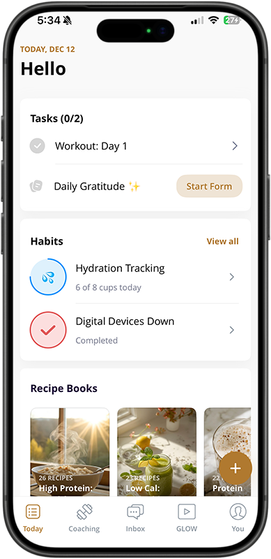 A smartphone screen displaying a health and fitness app with tasks, habits, and recipe books.