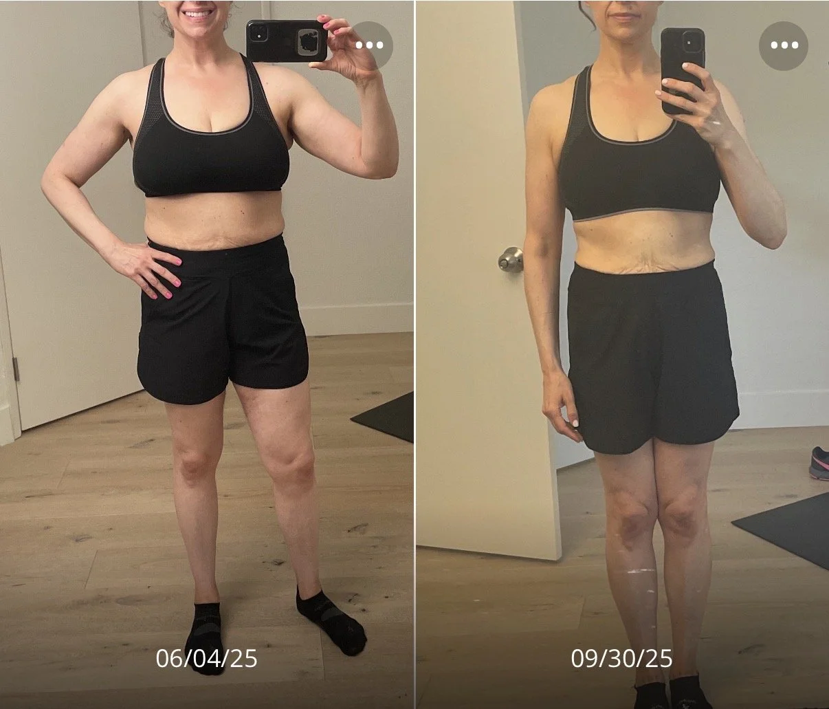 Side-by-side comparison of a woman taking mirror selfies, showing weight loss progress. The left photo is dated 06/04/25, and the right photo is dated 09/30/25. She is wearing a black sports bra and black shorts in both images.
