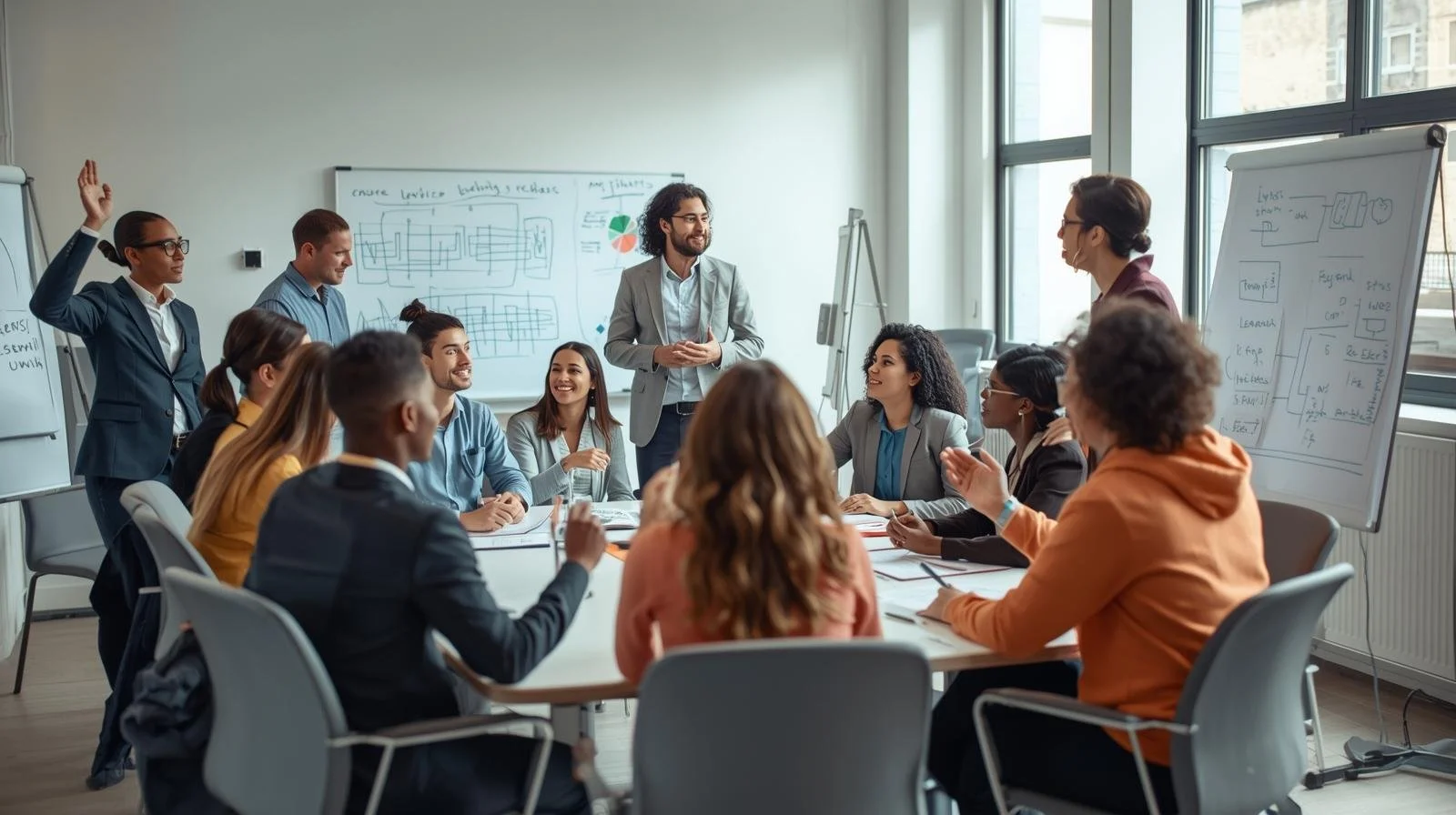 A workplace training session, about a dozen people around a large table and 2 people leading a discussion.