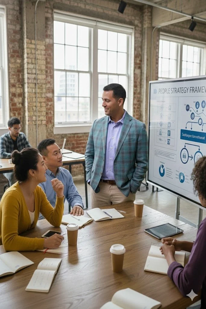 Sound Talent Strategies' founder having a discussion with 3 key leaders, as they review a People Strategy framework.