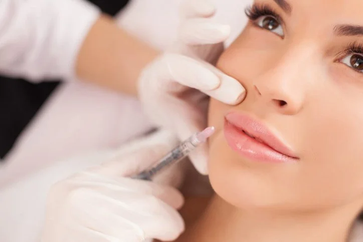 A woman receives a cosmetic lip injection from a medical professional wearing gloves.
