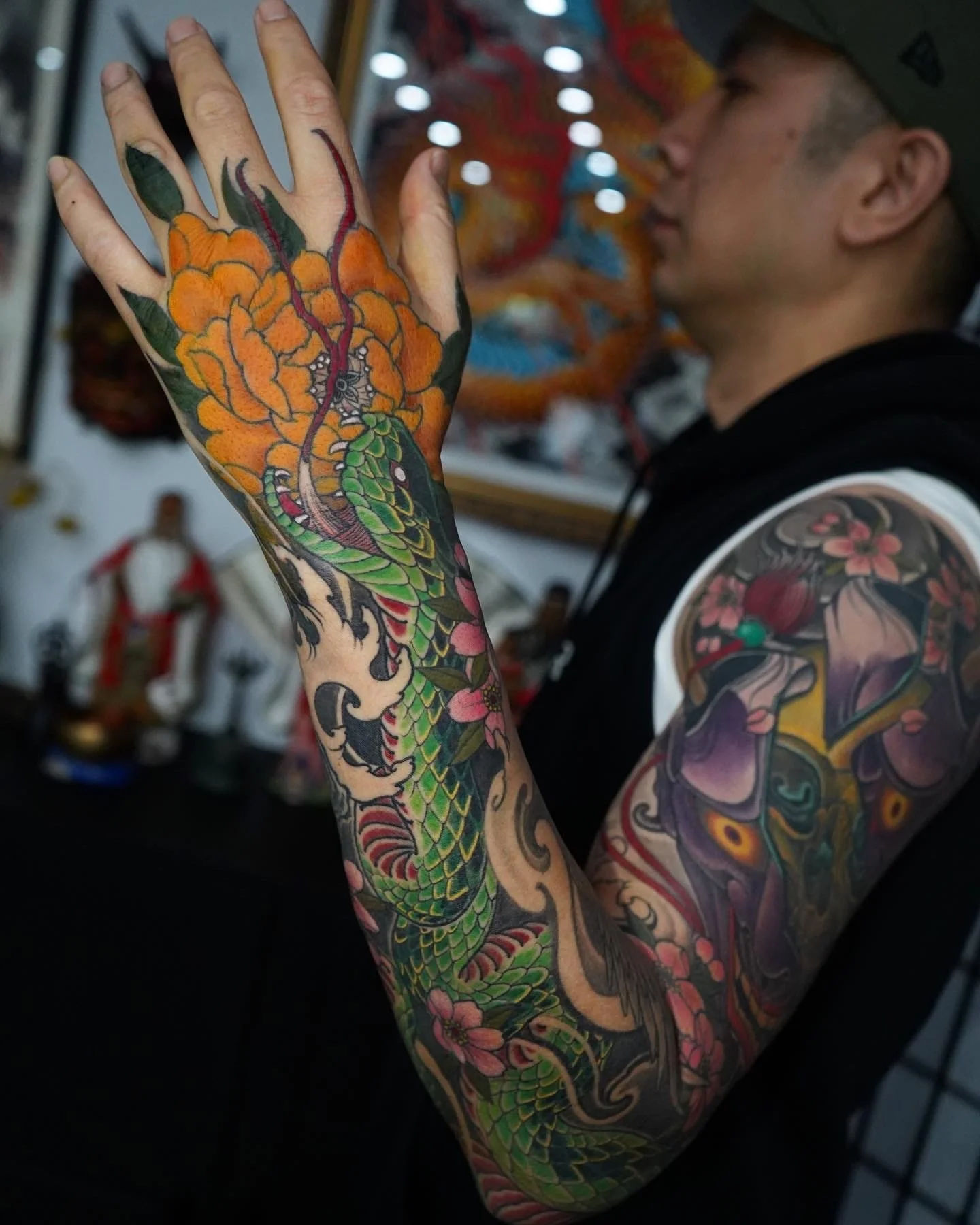 34 snake peony hannya sleeve hand tattoo.jpg