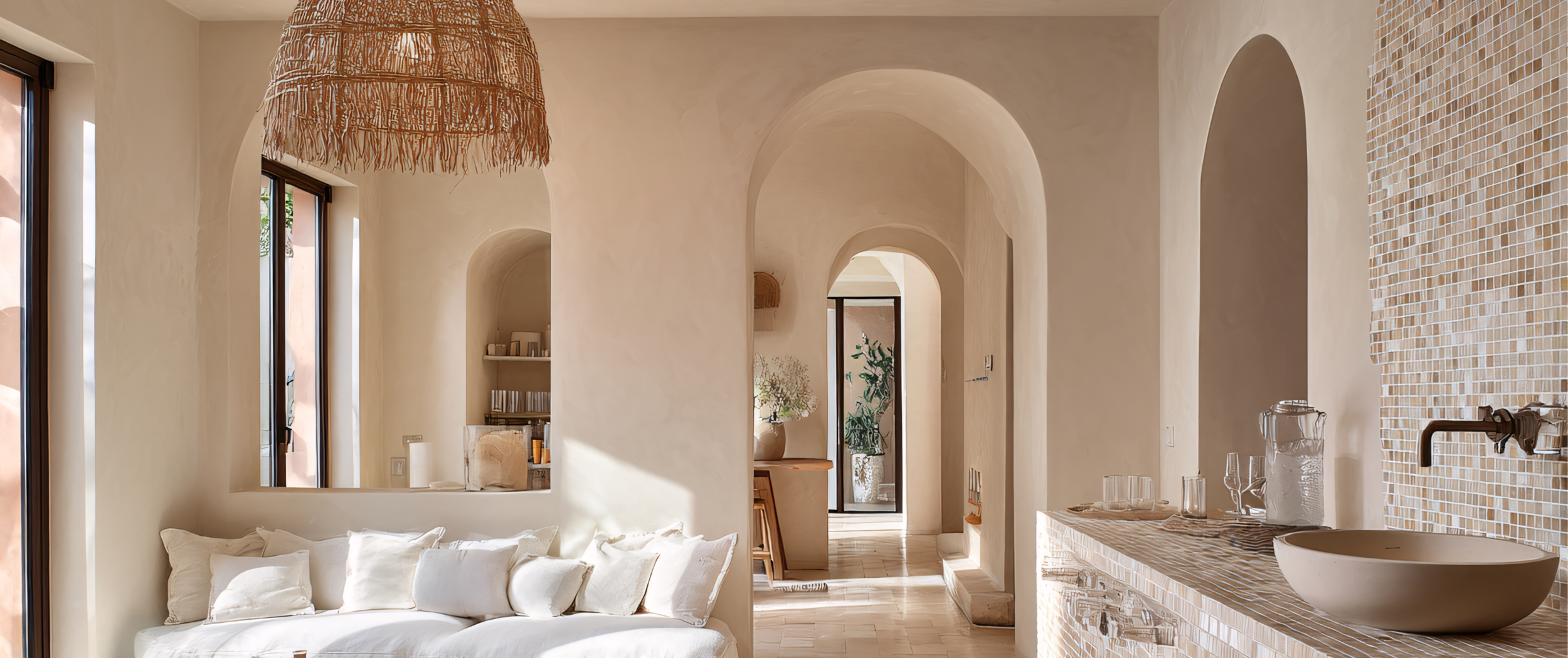 Interior of a minimalist, Mediterranean-style living space featuring arched doorways, a wall-mounted sink, and light-colored walls with textured tile accents. This showcases the building capabilities of Arcus Projects.