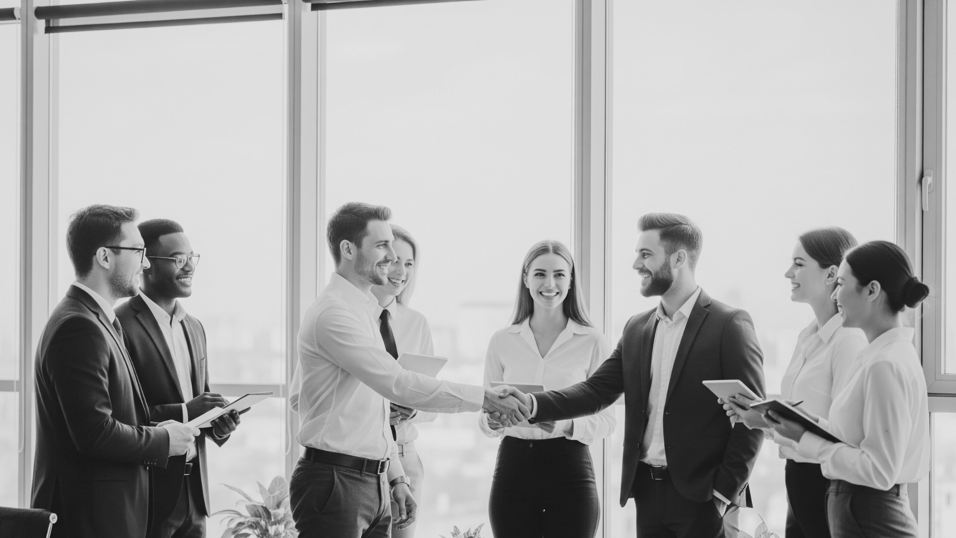 Two men in suits shaking hands in a business meeting while others watch and smile in a modern office with large windows