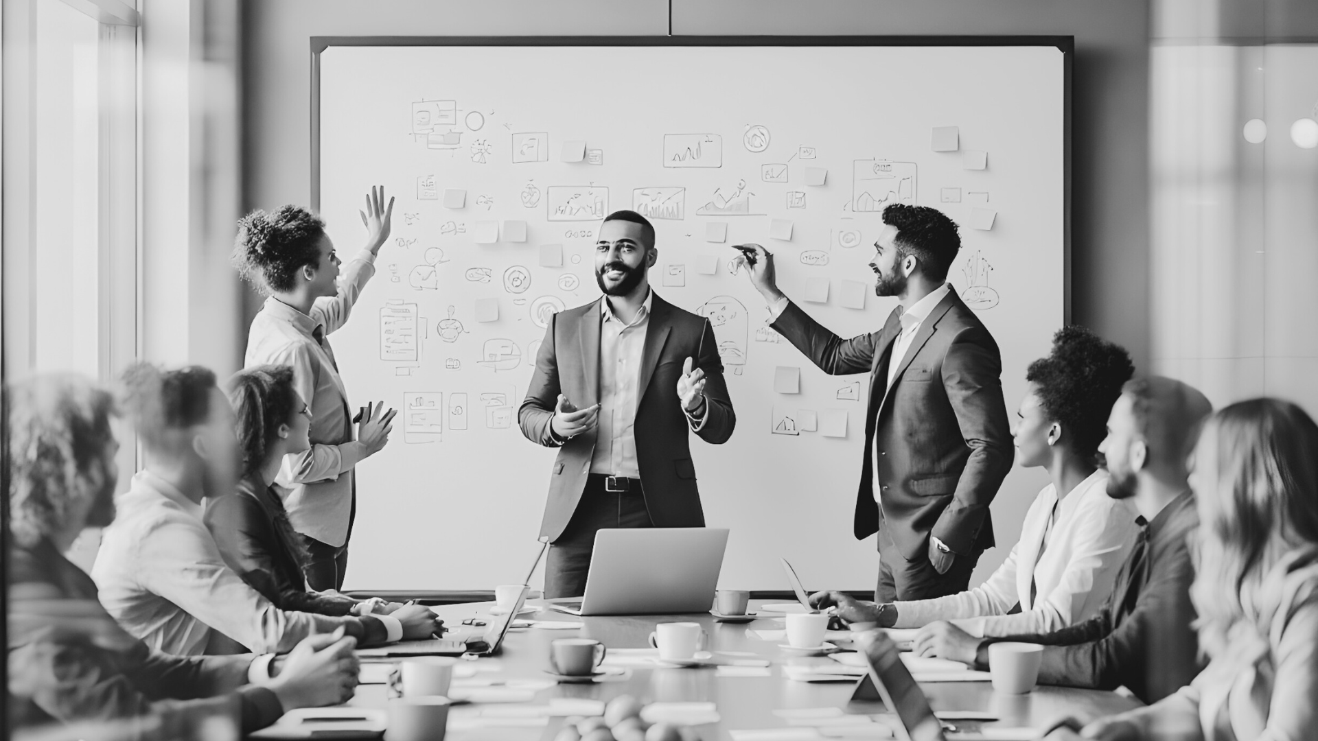 A diverse group of professionals in a business meeting, with two men standing and presenting in front of a whiteboard filled with diagrams and sticky notes, while others are seated around a conference table with laptops and coffee cups.