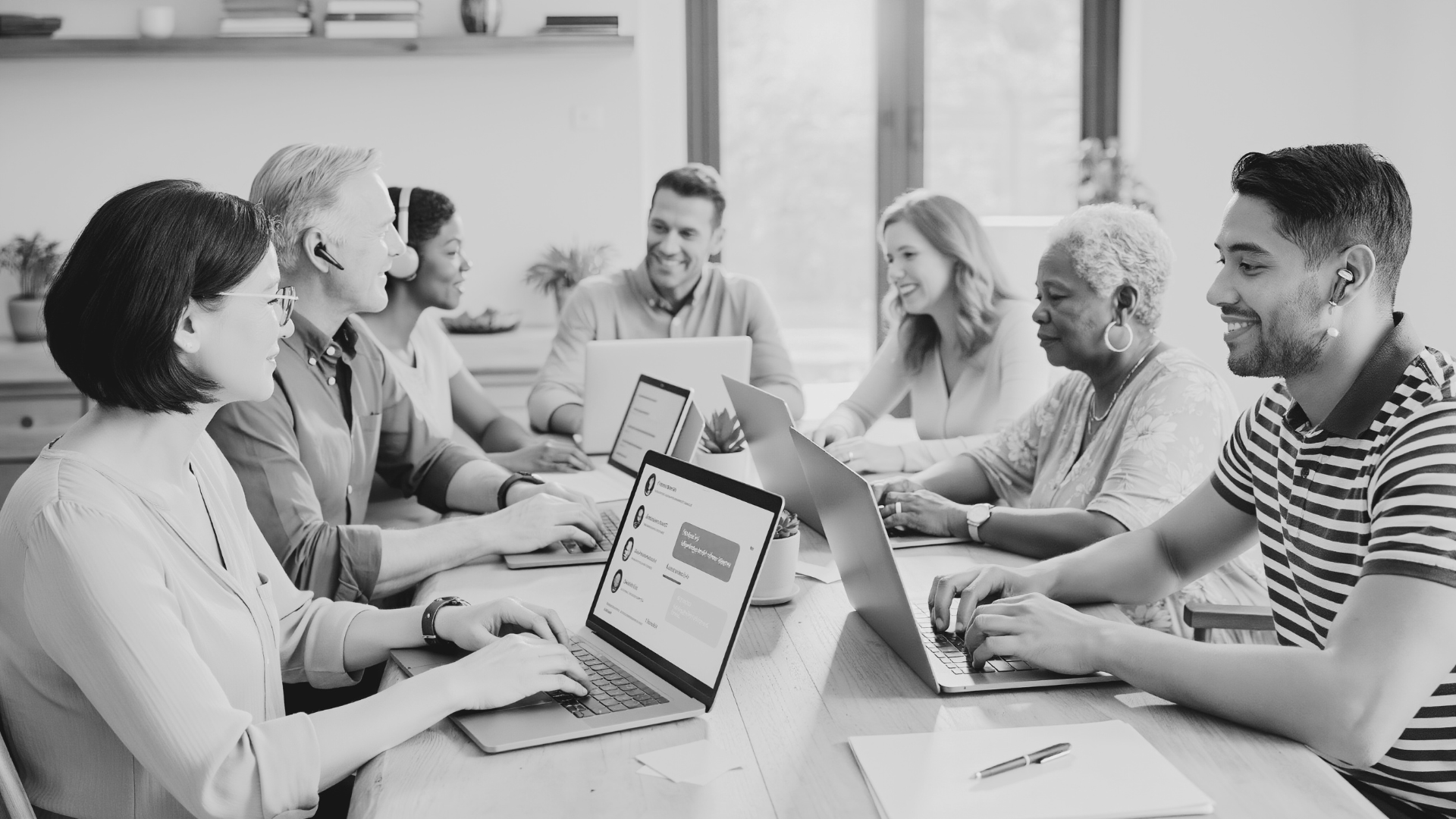 A diverse group of people seated around a table working on laptops in a modern conference room.