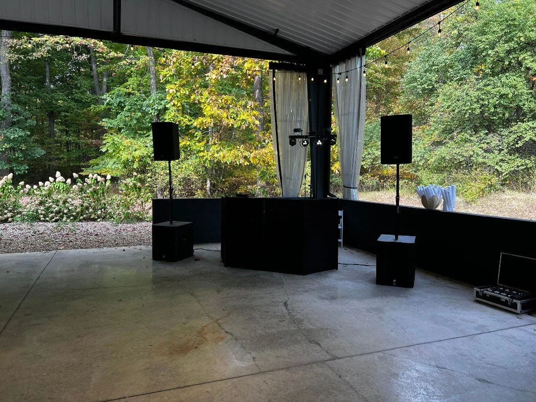 A clean black setup for a covered outdoor reception at The Brook in Marengo, OH 🖤✨
Sleek, simple, and ready to bring the party&mdash;perfect for celebrating under the open air while keeping everything stylish and seamless.

#OhioWedding #TheBrookMar