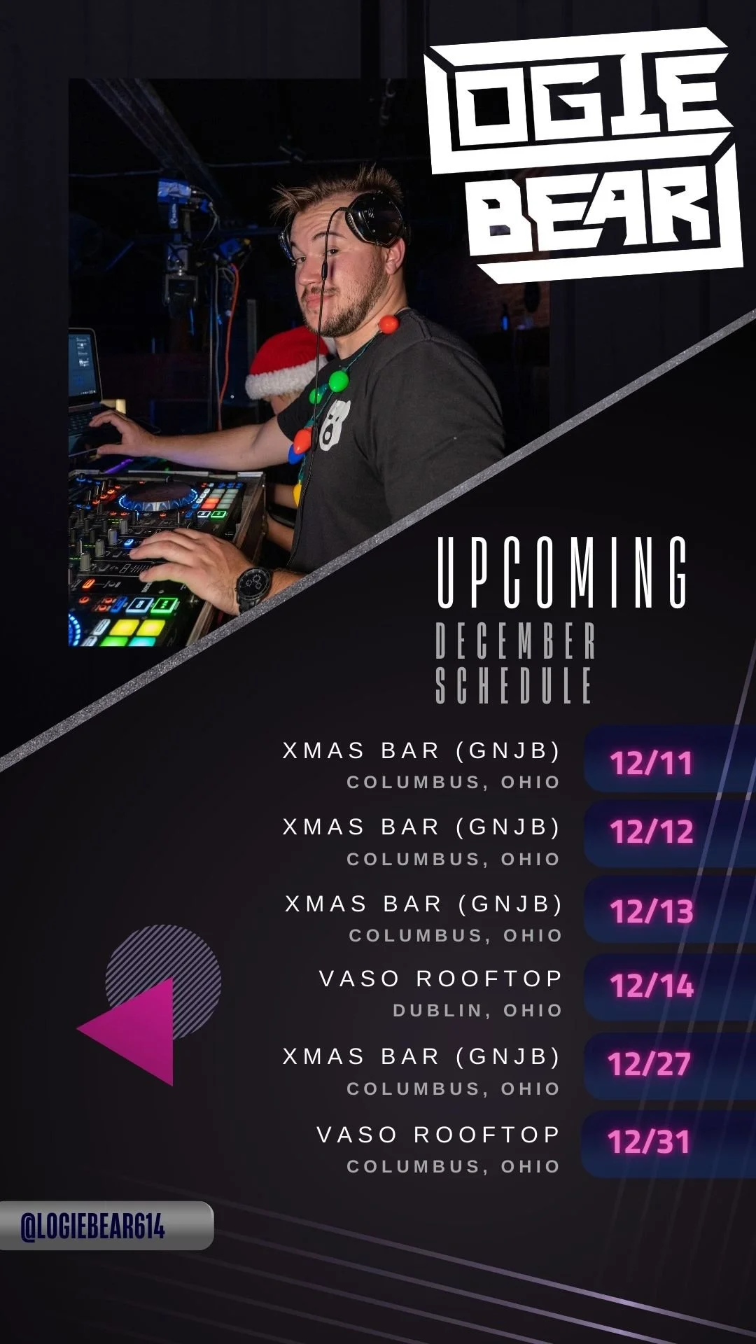 A poster showing upcoming December schedule for DGLE Bear, including multiple Christmas-themed events at locations in Columbus, Ohio and Dublin, Ohio. The poster features a DJ with a Santa hat and Christmas lights in the background.