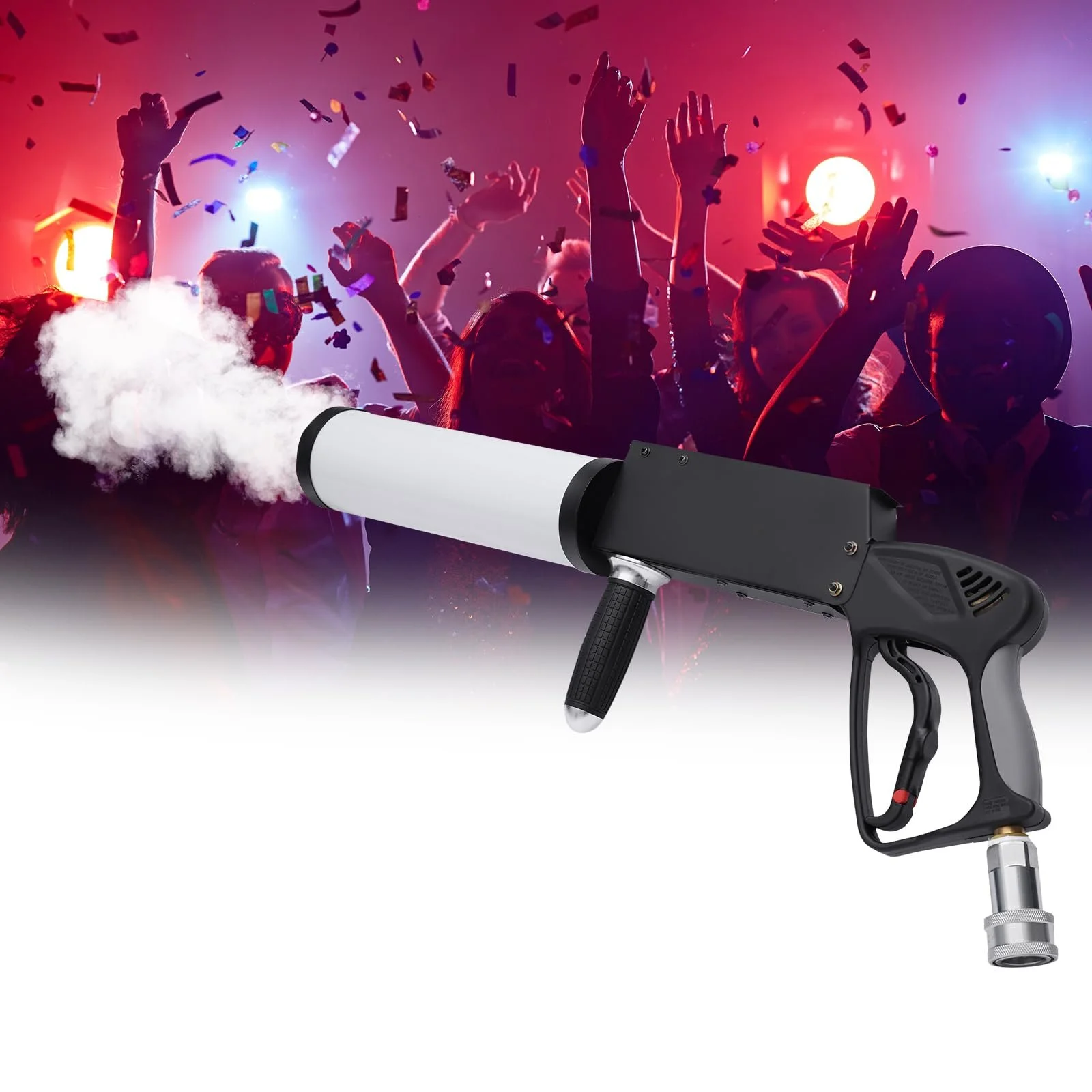 A party scene with people dancing and celebrating, with colorful lights and confetti, and a fog machine emitting smoke in the foreground.