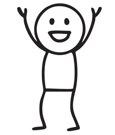 A simple black and white cartoon drawing of a happy person with arms raised, smiling, with a round head, two dots for eyes, and a curved line for a mouth.