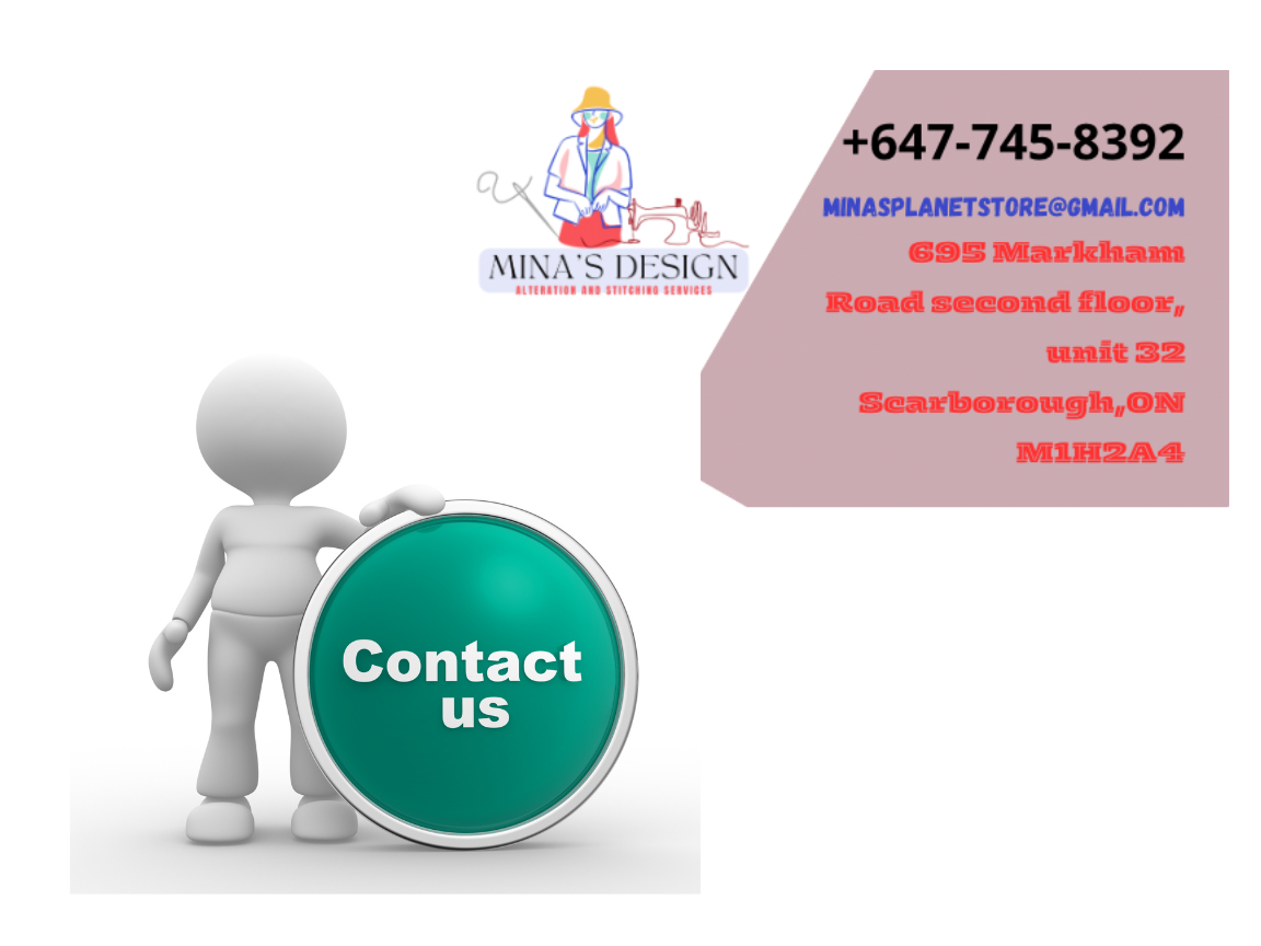 Contact button with a 3D character standing next to it, and a business card with contact information for Mina's Design, including phone number, email, and address.