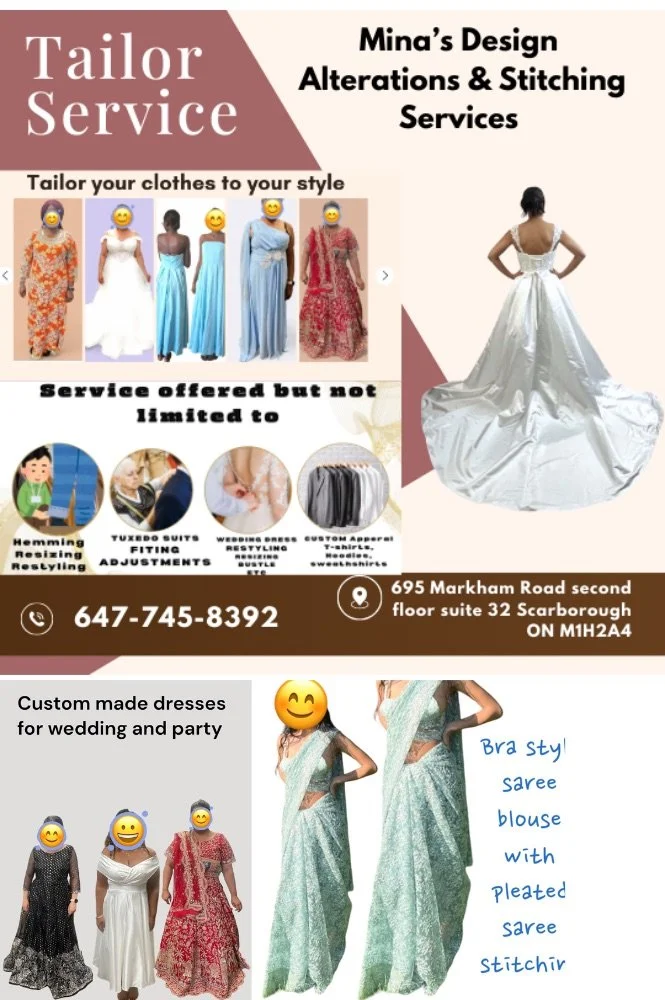 Advertisement for tailoring services and custom dresses, featuring a range of dresses and outfits, including wedding dresses, sari blouses, and party dresses, with contact information and location details.