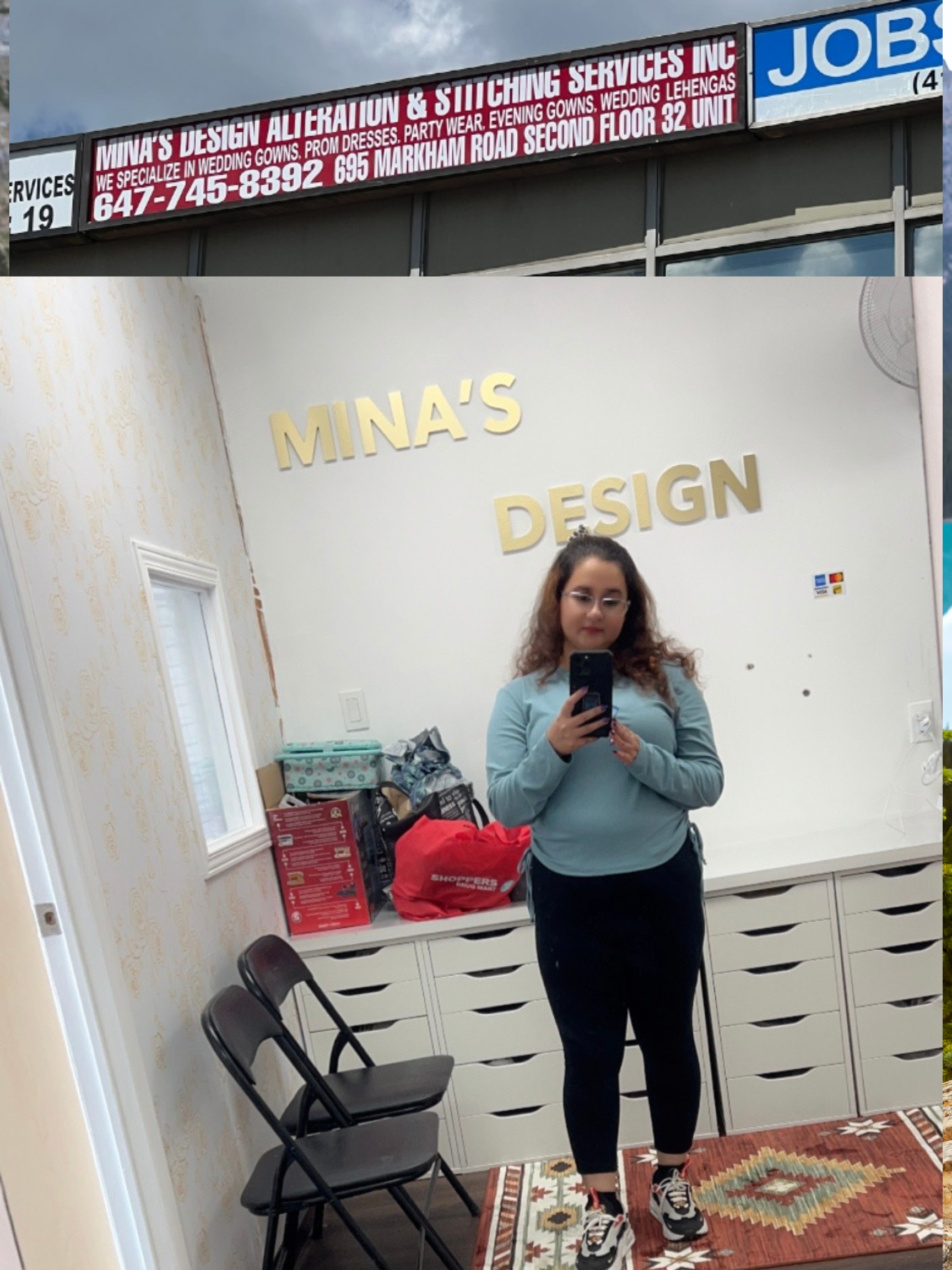 A woman taking a mirror selfie inside a room with a sign that says 'MINA'S DESIGN'. The room has cream-colored walls, a patterned rug, and black folding chairs. There are bags and boxes on a counter behind her.