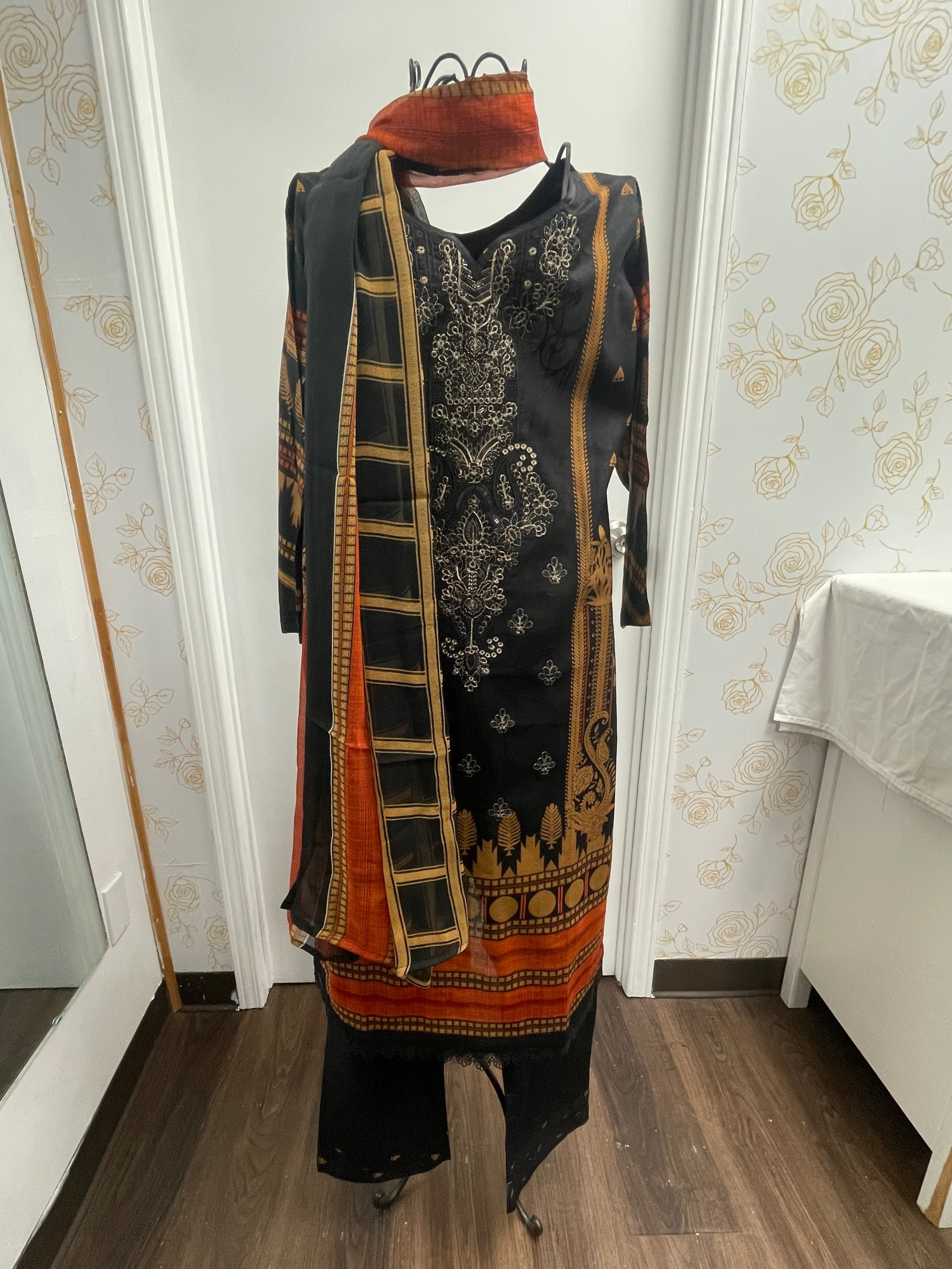 Black and Orange 3 Piece suits lawn Printed Embroidery Pakistani Traditional wear