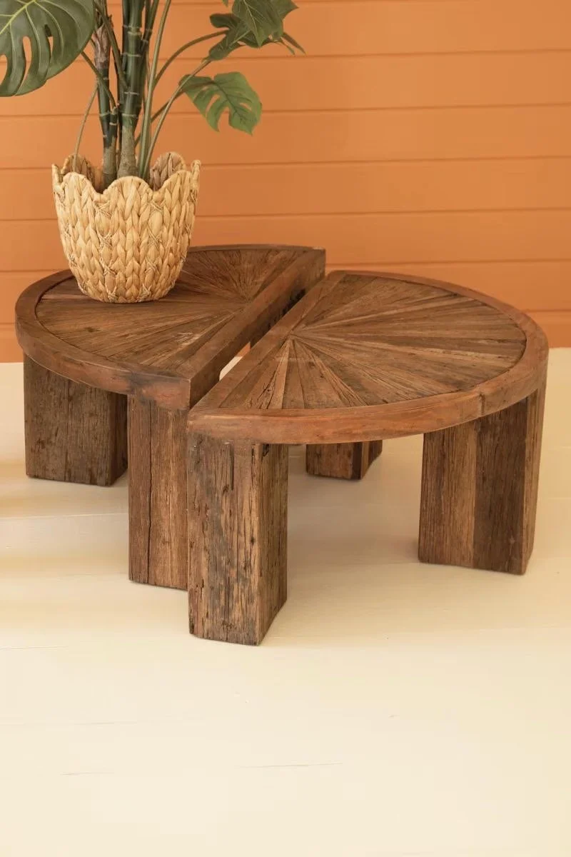 Set of 2 Demi-Lune Reclaimed Wood Coffee Tables