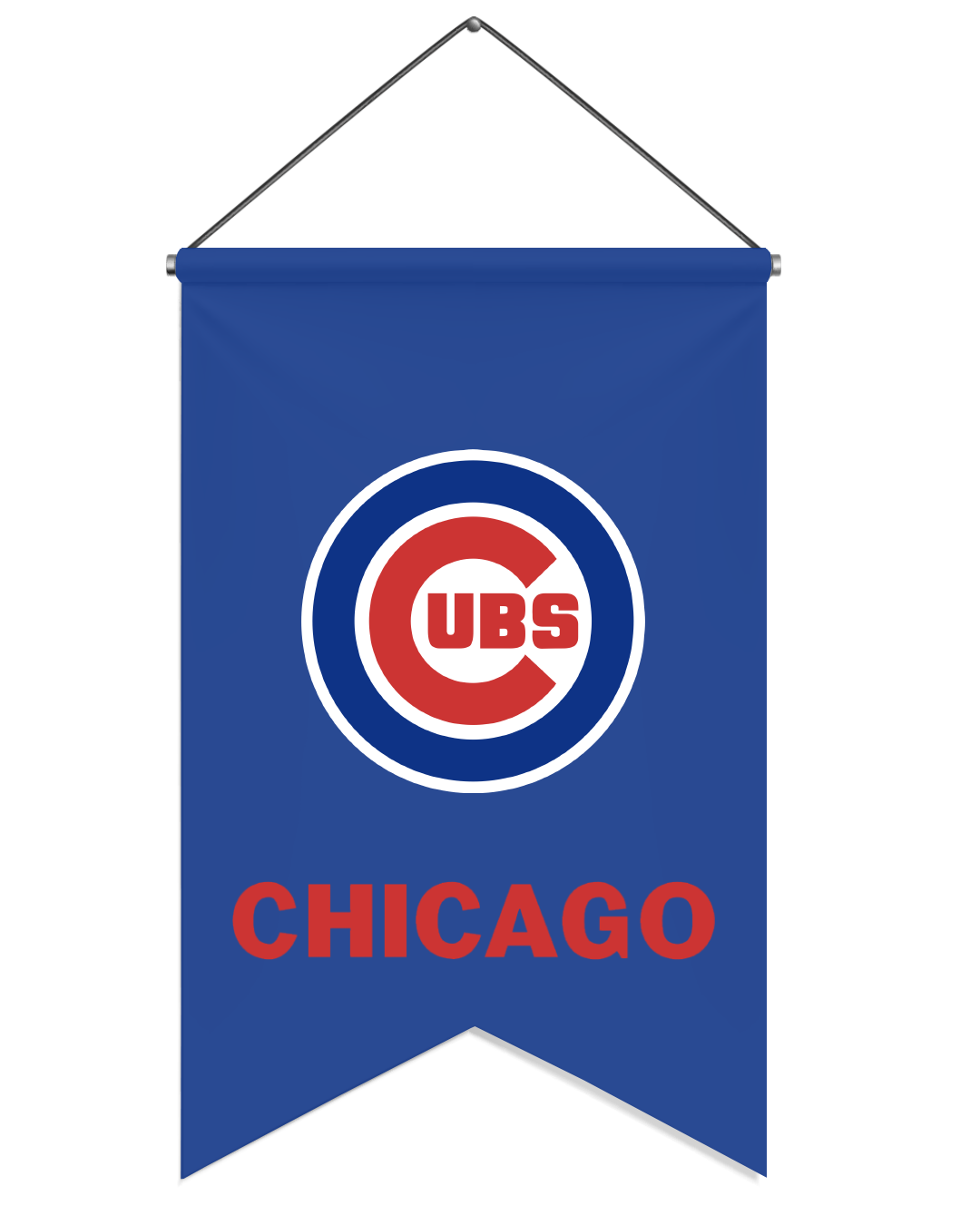 Chicago Cubs banner with the team's logo and the word "CHICAGO" in red against a blue background.