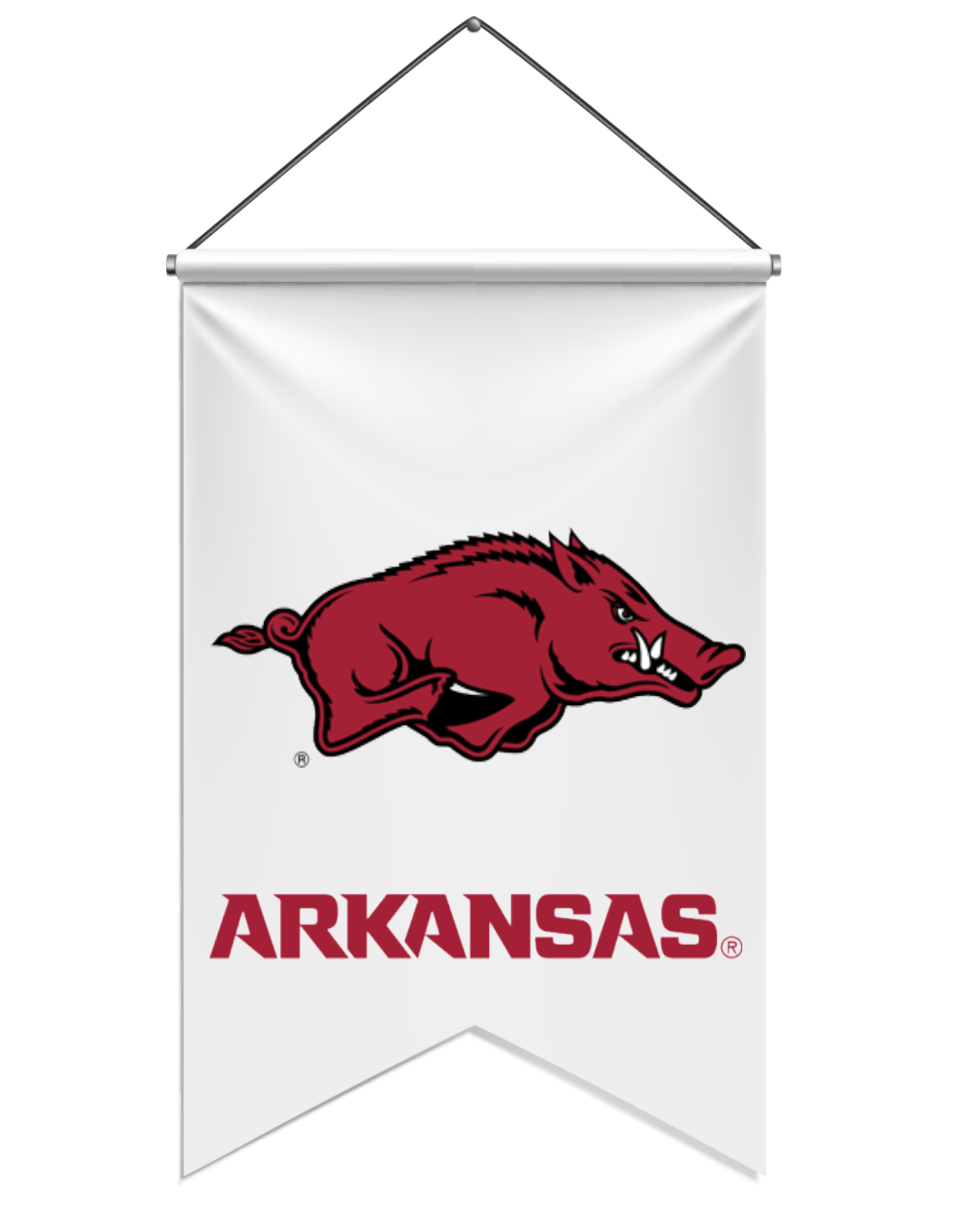Arkansas Razorbacks flag featuring their mascot logo and the word "ARKANSAS" in capital letters.