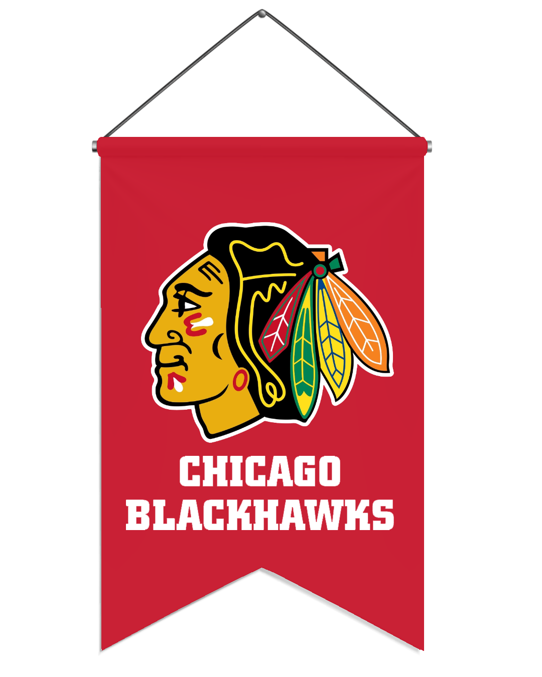 Chicago Blackhawks banner with team logo and name, featuring a profile of a Native American warrior with colorful feathers on a red background.