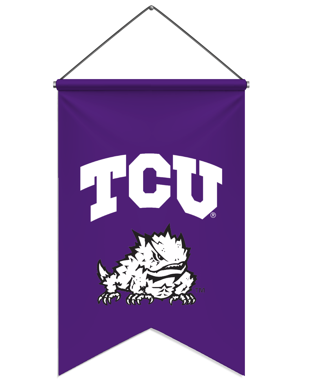 A purple University of Texas banner with a white 'TCU' logo and a black and white angry-looking horned frog mascot.