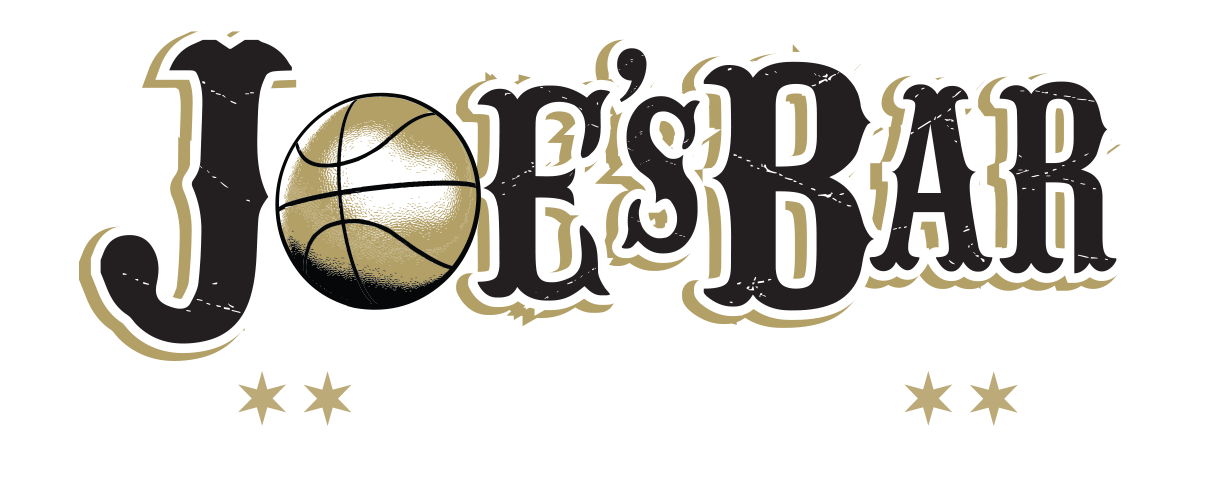 Graphic design with the text "Joe's Bar on Weed St" and a basketball replacing the letter "o" in "Joe". The text is styled with a black, white, and gold color scheme, with stars underneath.