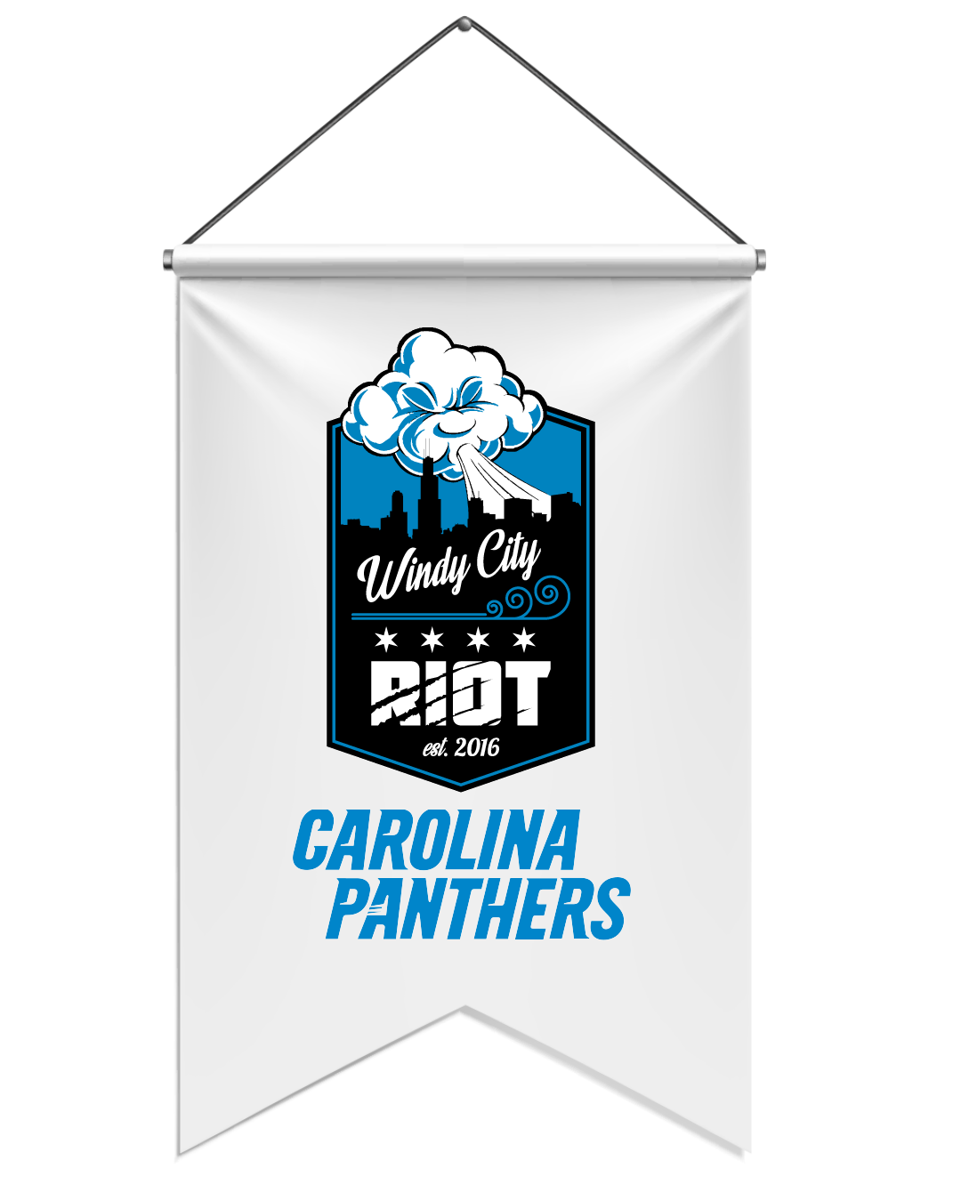 A banner for Windy City Riot featuring a city skyline, a cloud with wind, and text for Carolina Panthers team, established 2016.