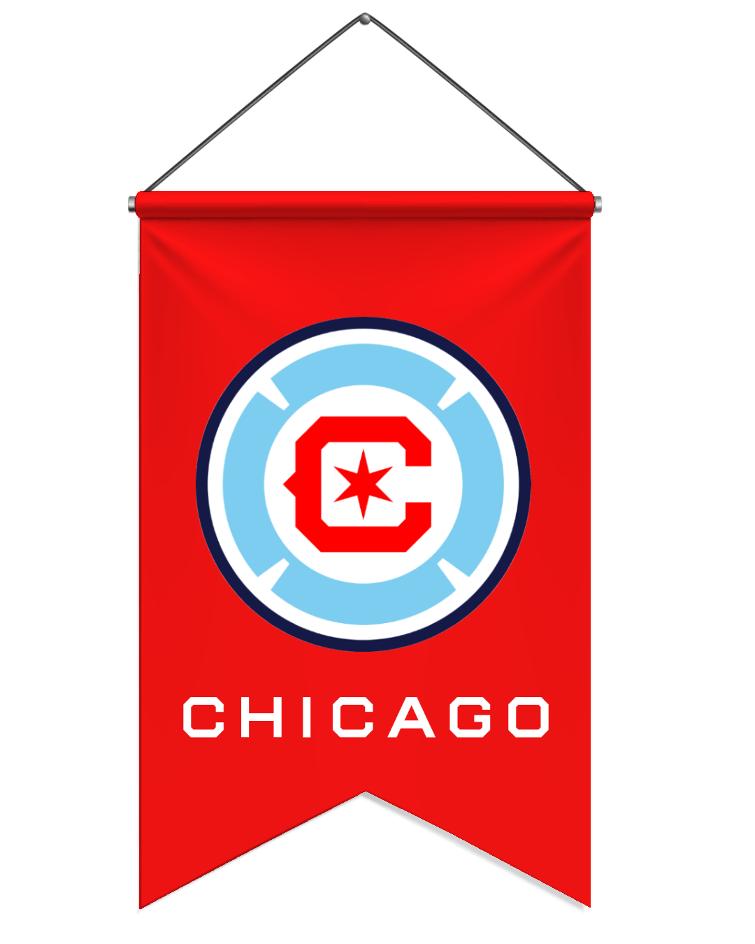 Red banner with a circular emblem featuring a red letter C and star, and the word 'CHICAGO' below.