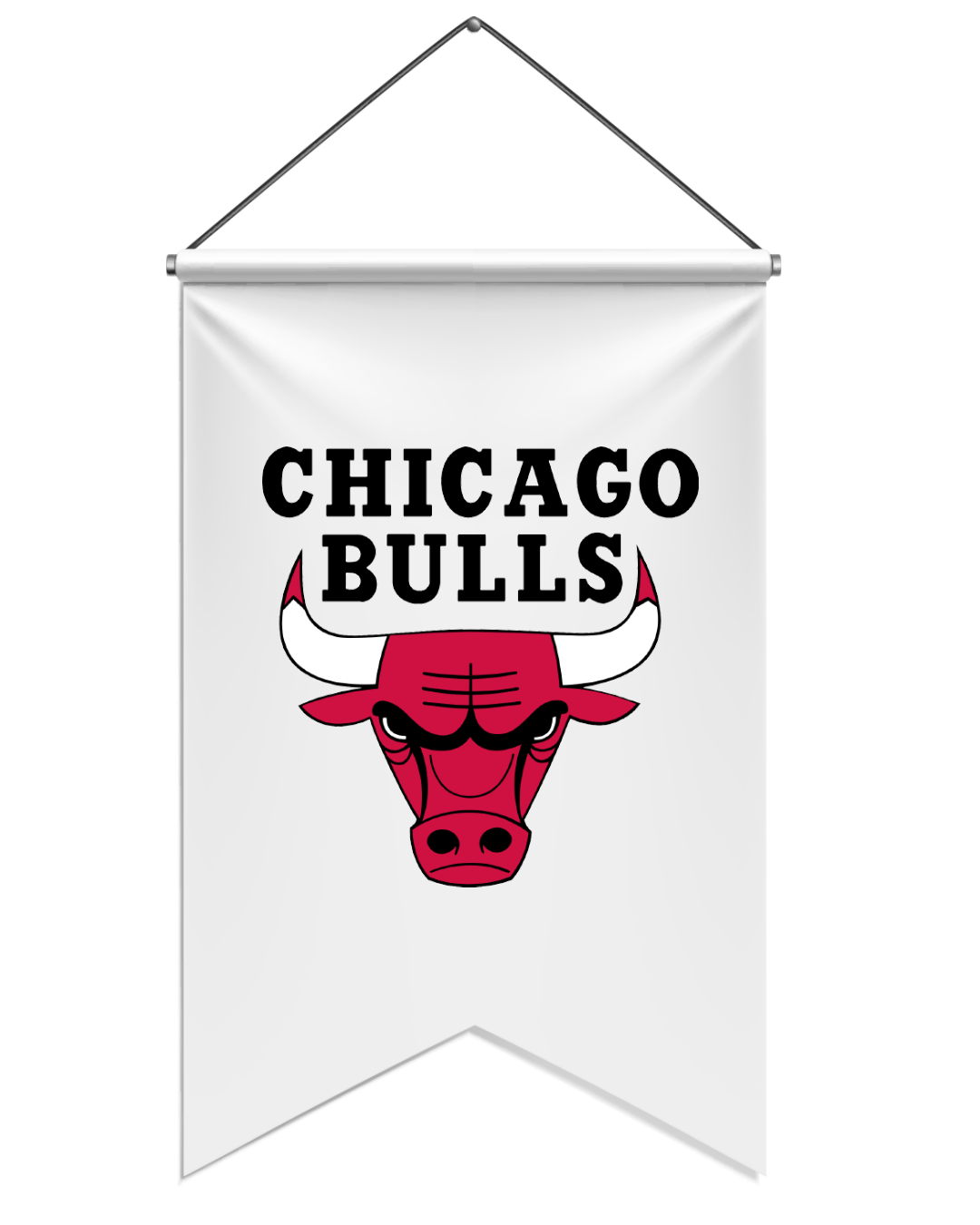 Chicago Bulls logo on a vertical banner with black, white, and red colors.