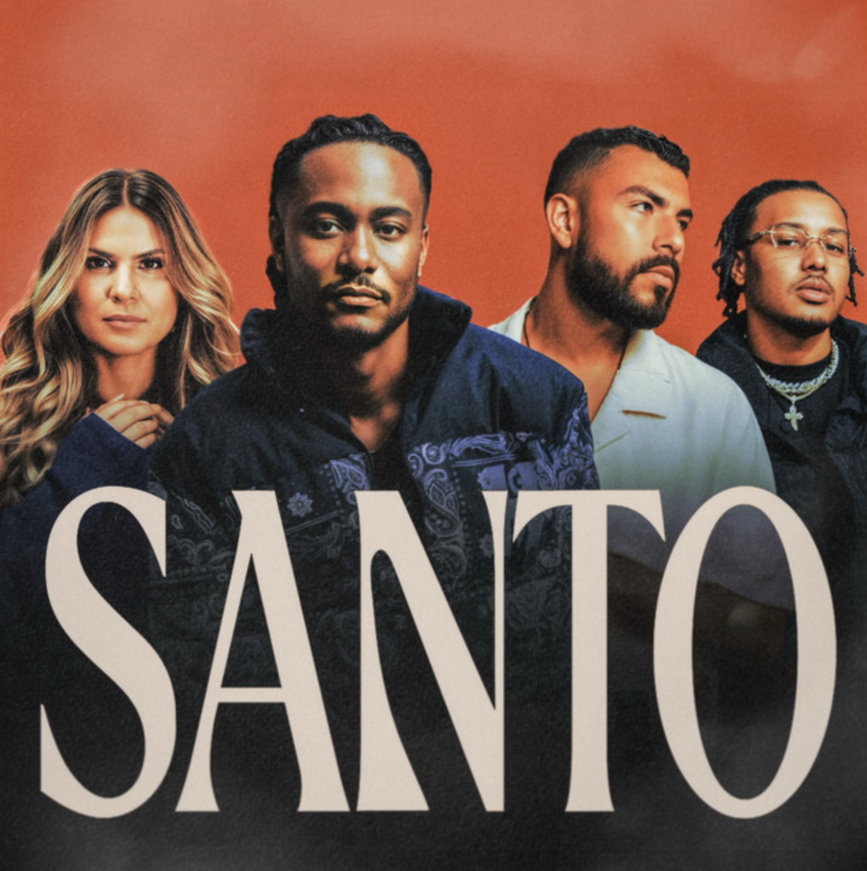 A promotional poster featuring four individuals with the word SANTO in large letters across the bottom.