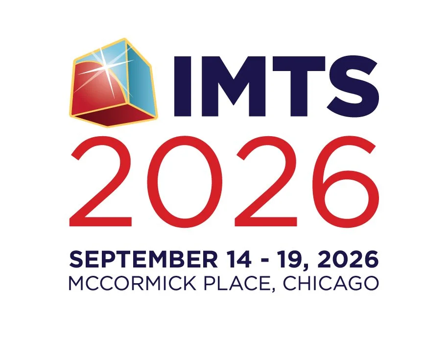 Logo and details for IMTS 2026, a trade show in Chicago from September 14 to 19, 2026, at McCormick Place, featuring a stylized 3D cube with reflective surfaces.