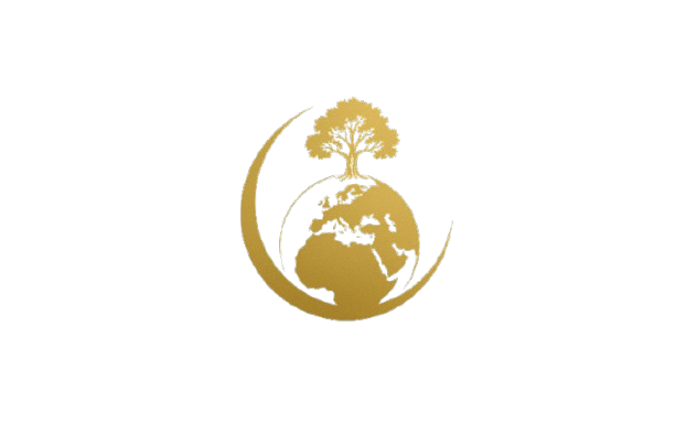 A stylized logo featuring a gold-colored globe with a tree growing on top and a leaf surrounding it, set against a black background.