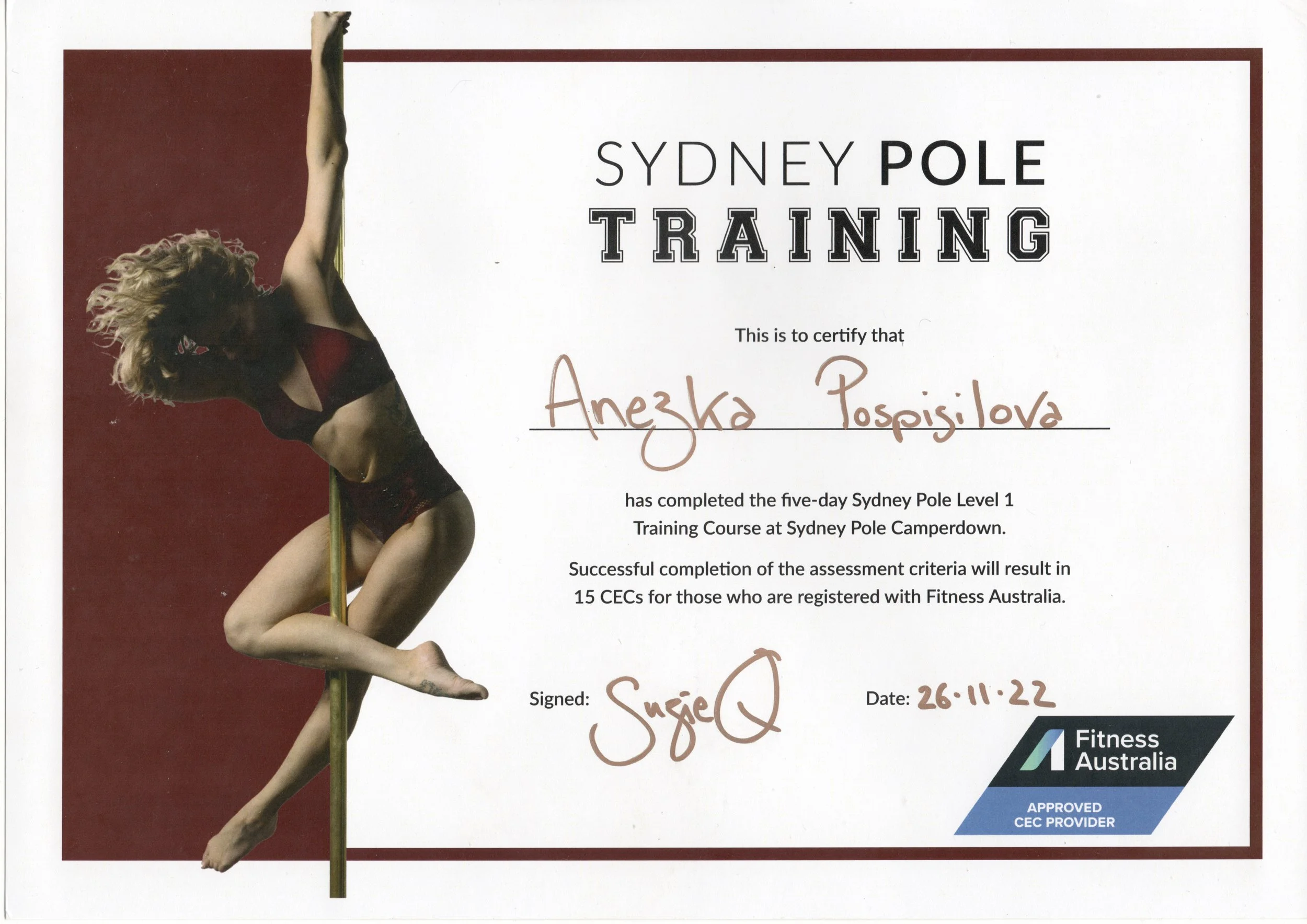 Certificate of completion for Anezka Pospisilova from Sydney Pole Pole Level 1 training course, signed by Susie Q, dated November 26, 2022, with a woman practicing pole dance on the left side.