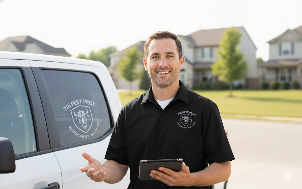 A man in a black shirt with a pest control company logo stands outside, smiling, holding a tablet, with a white pest control service vehicle in the background.