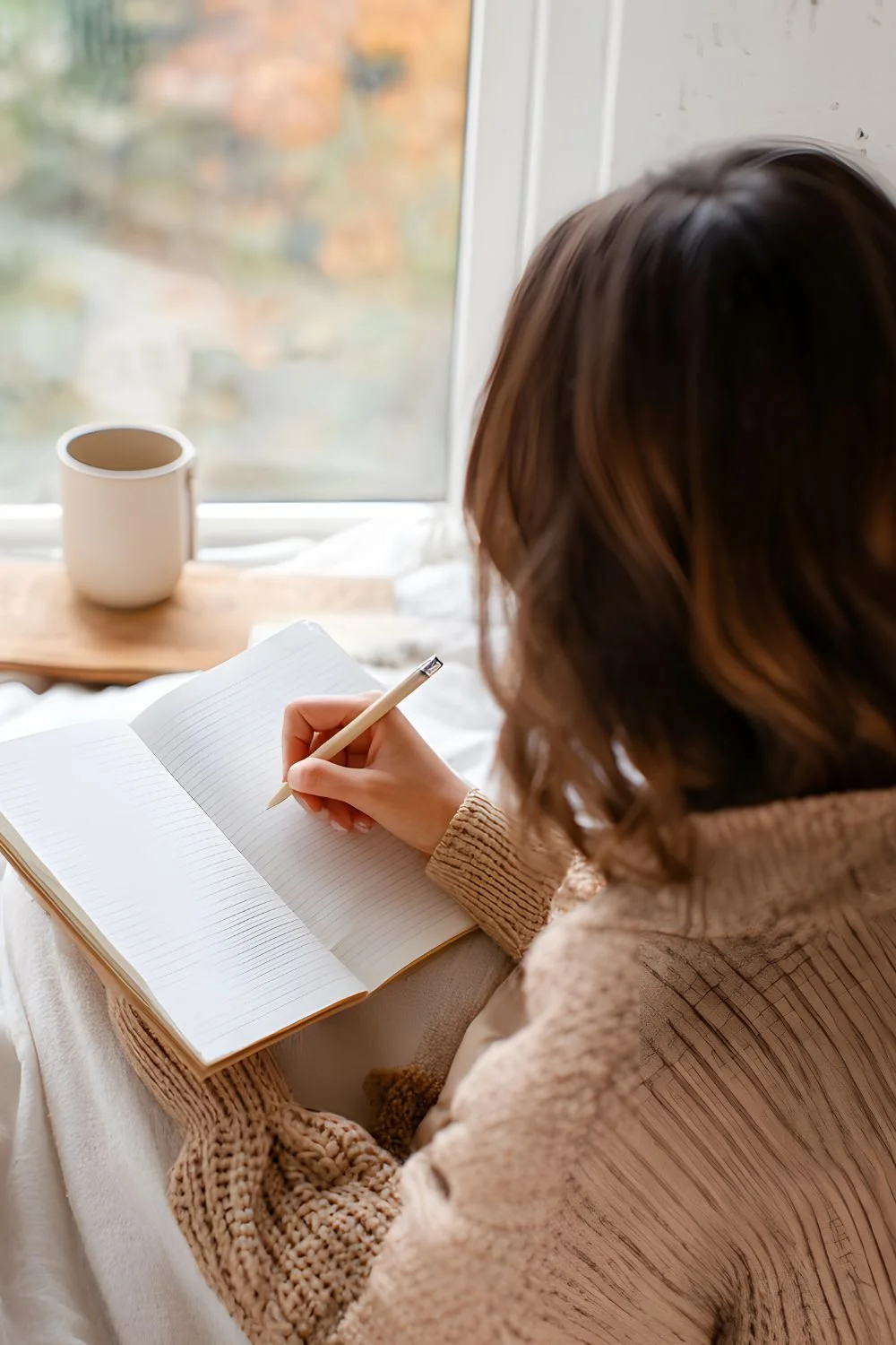 A woman sitting by a window, writing in a notebook with a pen, with a cup of coffee nearby.
